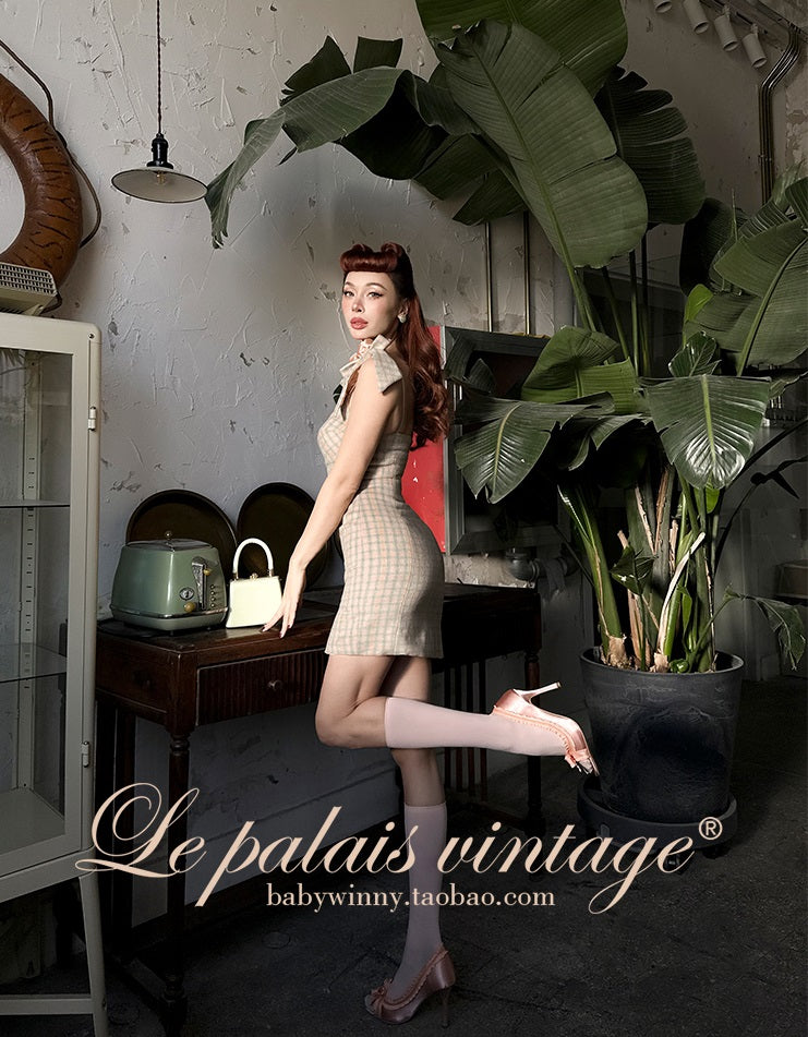 Le Palais Vintage High End Long Sleeves Slim Jacket Bow Tweed Slit Dinner Suit Dress-Carey