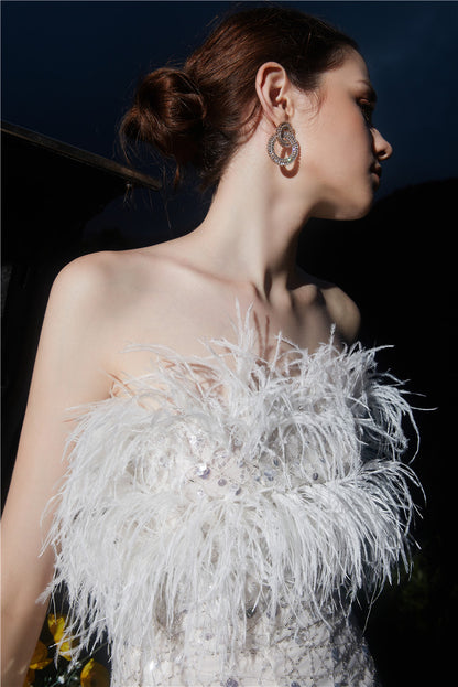 Wardrobes by Chen  luxury wedding White Haute Couture Feather Sequin Dress-Masa