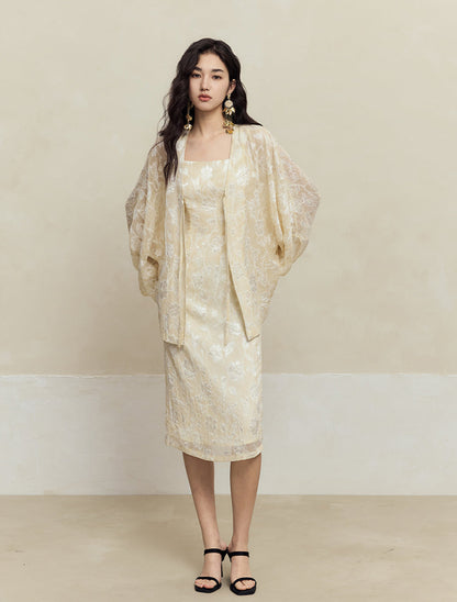 HECO Chiffon Bat Sleeve Dress Two-Piece Set for Women - clay.