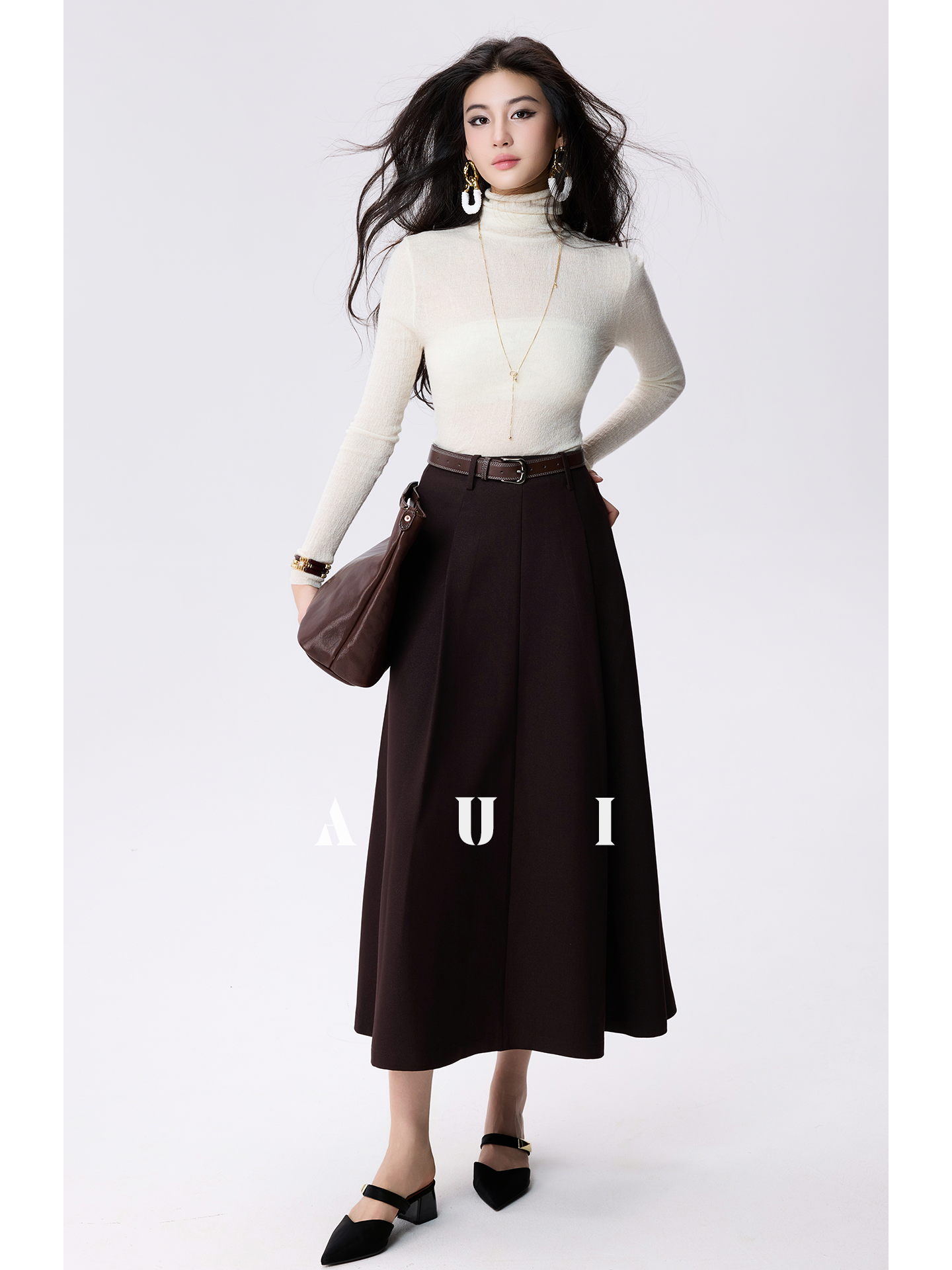 AUI cotton wool slightly sheer turtleneck sweater base knit long sleeve top - Myeong