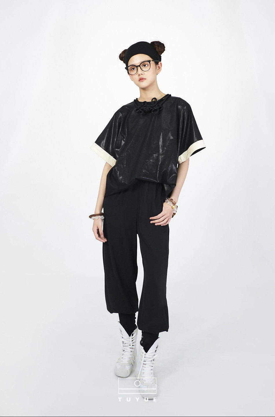 TUYUE Glossy Loose Crimp Short Sleeve Casual T-shirt - MABEL.