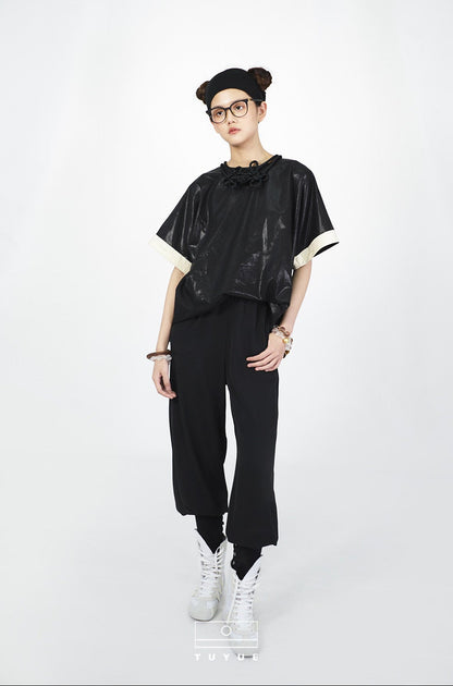 TUYUE Glossy Loose Crimp Short Sleeve Casual T-shirt - MABEL.