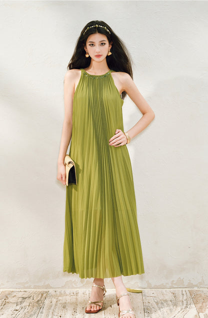 WANGXO | Natural Stone Beaded Halterneck Flowing A-Line Umbrella Skirt -ZENA