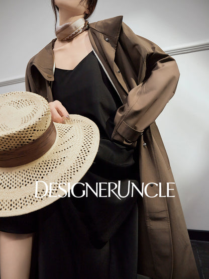 DGU |Dark Brown Trench light Luxury Design coat Collar Temperament Long Niche Top - Antonia.