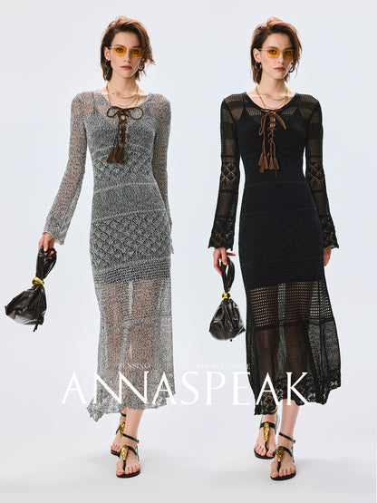 ANNASPEAK Fringe Lace-up Slim Knit Dress- CHACHA.