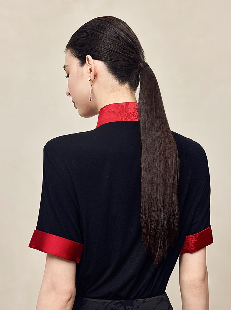 HECO Polyester Handmade Flower Mandarin Neckline Short Sleeve  Black T-Shirt - EVE.