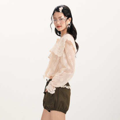 FAME Bouquet Embroidered Lace Shawl Collar Sheer Smock Top - ANGELA.