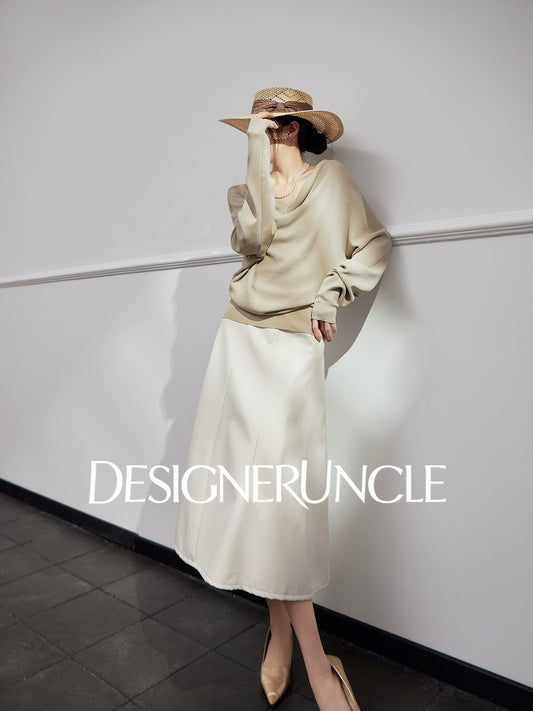 DGU "Shallow Realm" gray-green knitted sweater V-neck loose slimming temperament top - EKKO.