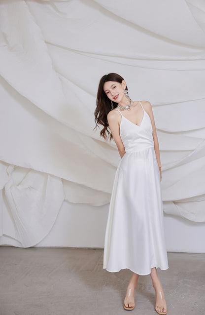 DOLLY Elegant French Style Satin V-Neck Sleeveless Backless Banquet Dress-XENA