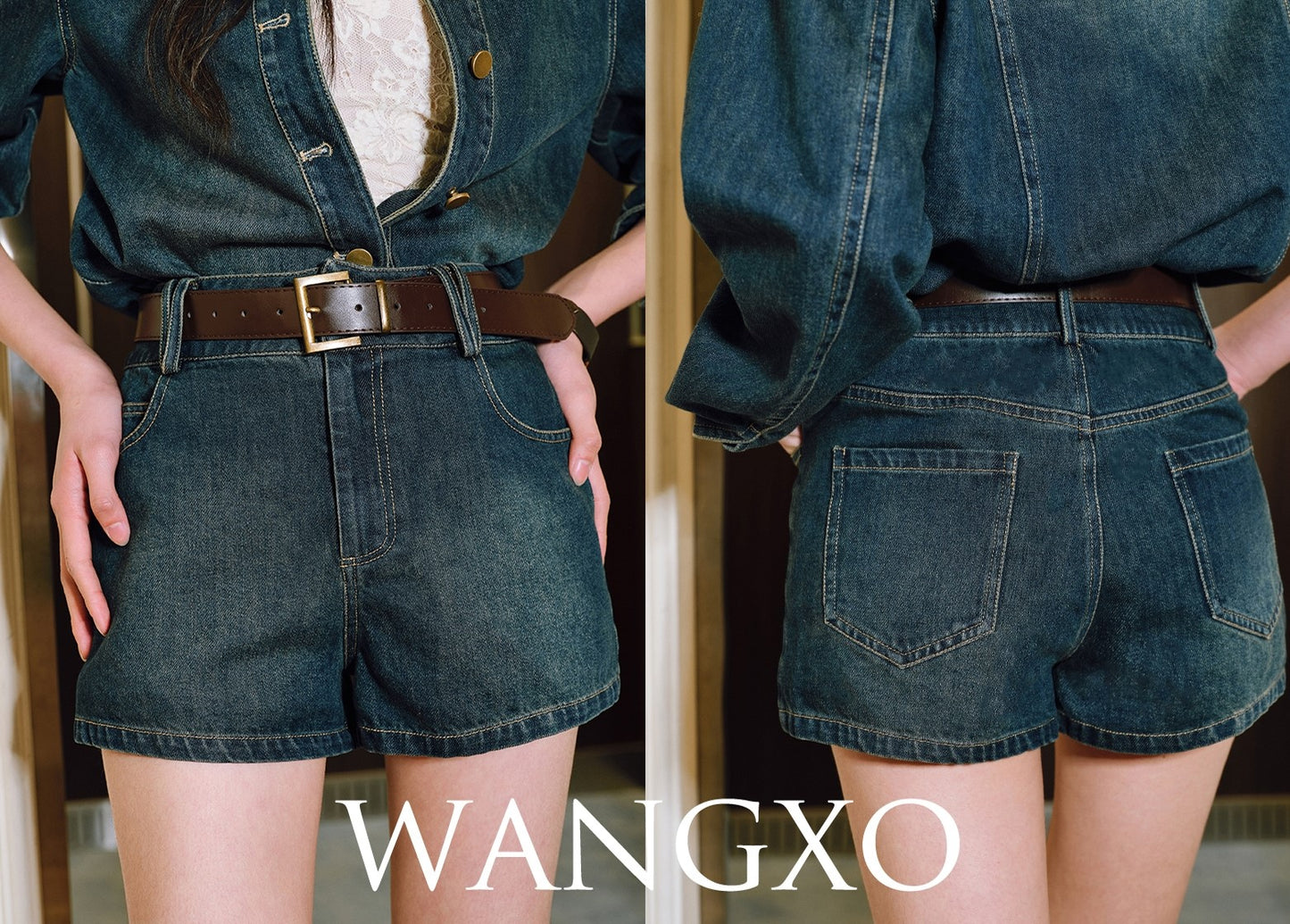 WANGXO | Sophisticated Denim Shirt & Shorts Outfit Set - LUXOR.