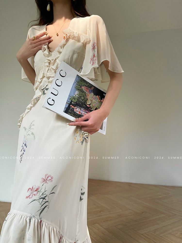 Aconiconi Luxury French Floral Print Slim Fit Hip Hug Dinner Dress- Primrose Whisper