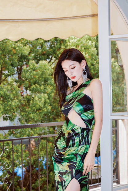 DOLLY Elegant Green Plant Print Sleeveless Slim Fit Long Slit Resort Dress-JOSEPHINA