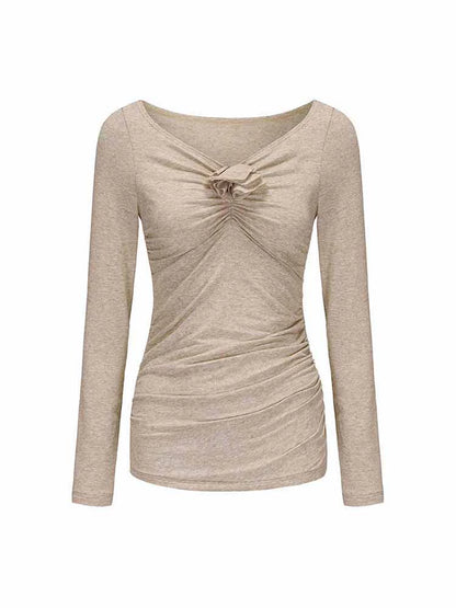 ATELIER MISS LU Fall/Winter Orchid Shape Patch Ruched Stretch Top - MELODY.