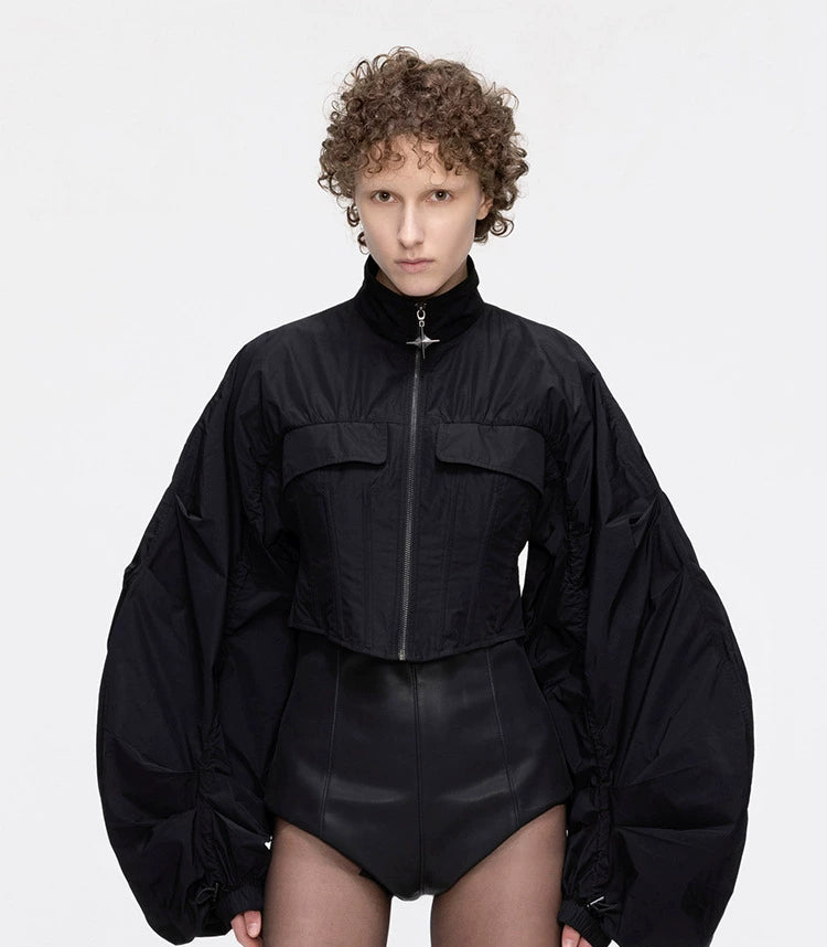 ANNAKIKI Futuristic herringbone shirred slim cropped jacket-KEANE