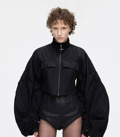 ANNAKIKI Futuristic herringbone shirred slim cropped jacket-KEANE