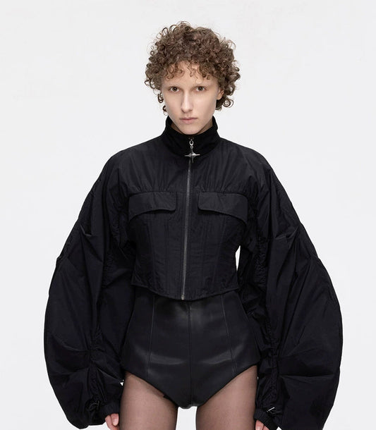 ANNAKIKI Futuristic herringbone shirred slim cropped jacket-KEANE