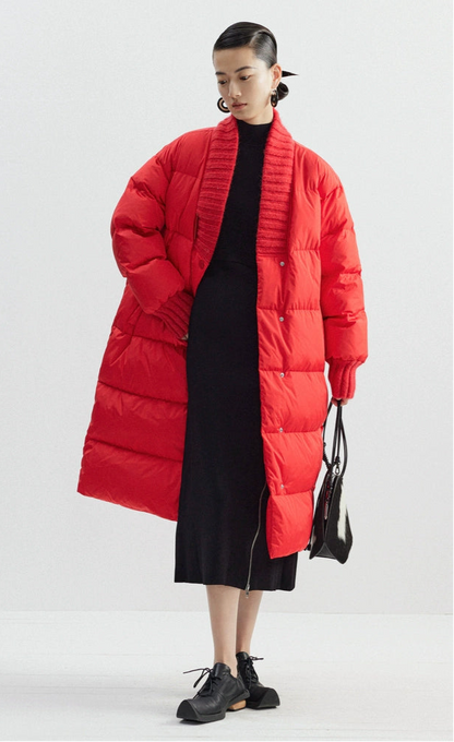 ZHUCHONGYUN Red ribbed collar long puffer jacket-SPIKE.