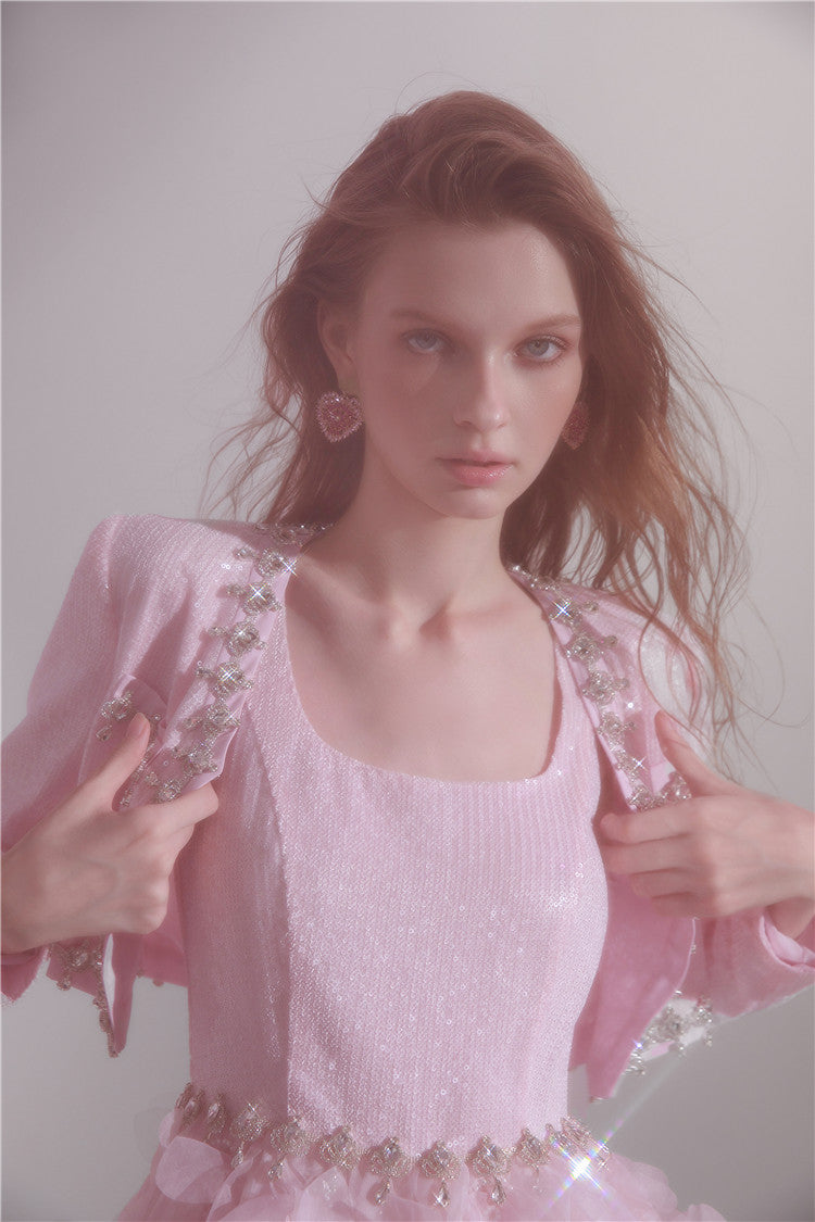 Wardrobes by Chen Elegant Pink Long Sleeve Short Jacket/Ruffle bridal Dress-Maggy