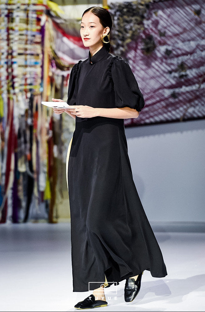 TUYUE black puff sleeve improved cheongsam dress- FERDINAND.