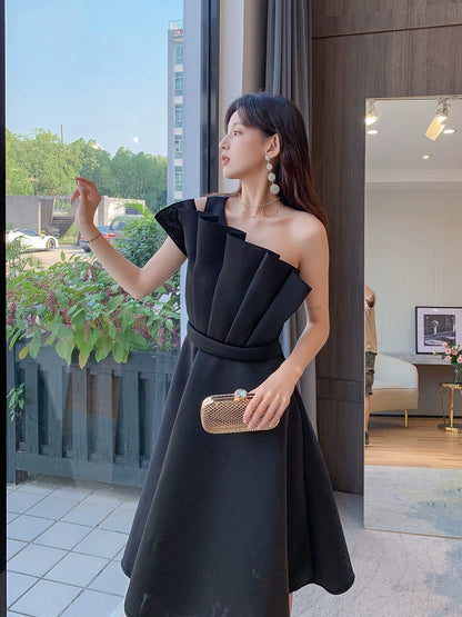 DOLLY Elegant Off Shoulder Pleated Ruffle Tube Top High Wait Midi Dress-LLA