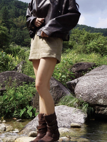 B-FEI Vintage Belt Buckle Denim Stack Boots- OKRE.