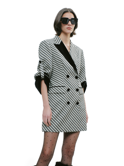 YES BY YESIR  black and white striped patchwork suit dress - BUZZ.