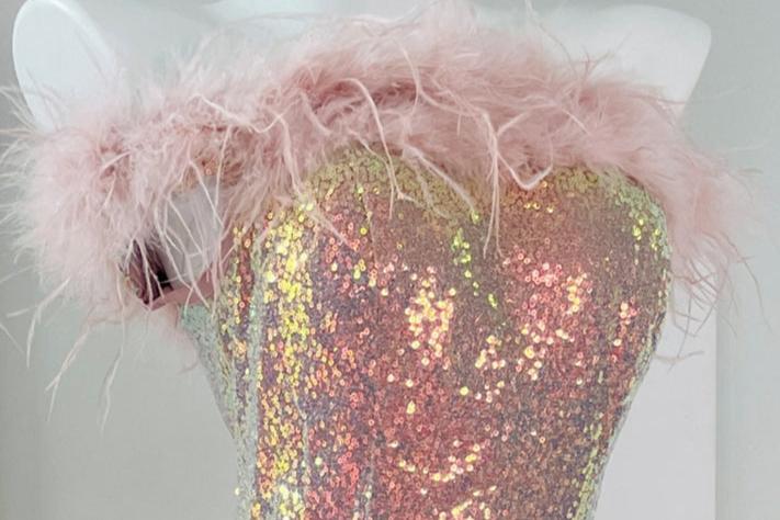 DOLLY Elegant Chest Wrap Feather Off Shoulder Long Sequin Mermaid Dress-TURA