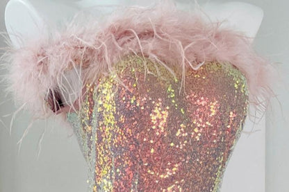 DOLLY Elegant Chest Wrap Feather Off Shoulder Long Sequin Mermaid Dress-TURA