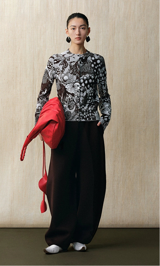 ZHUCHONGYUN Double-knit jacquard botanical print crew neck top and skirt set-ABARAI.
