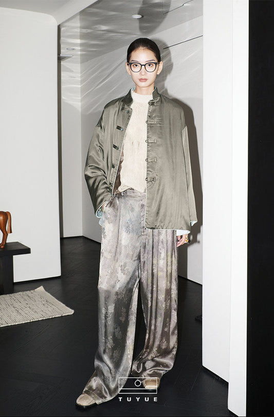 TUYUE Plant dyeing satin woven flowers Straight casual trousers - VICTORIA.
