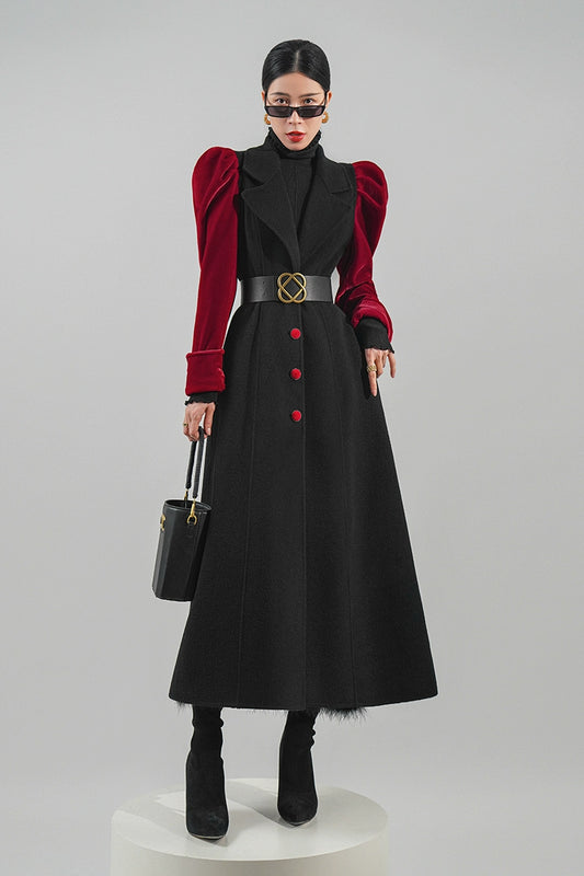 Huanzi haute couture French vintage contrast puff sleeves cinched waist double-sided cashmere coat women's autumn winter tweed coat