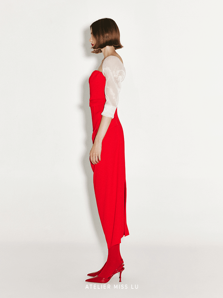 ATELIER MISS LU Irregular Pleated Bandeau Sleeve Dress - VEGA.