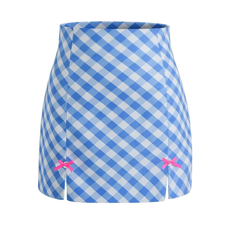 Le Palais  Blue Plaid Small Fragrance Thin Short Coat + Short Skirt- Yuno