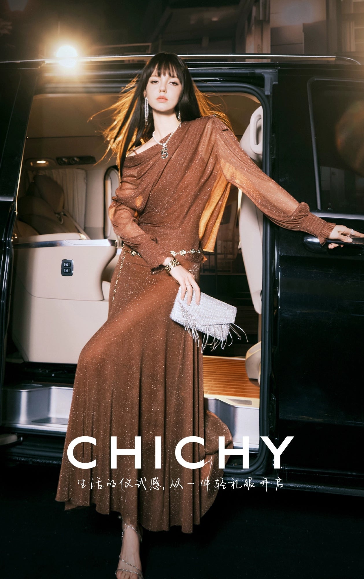 CHICHY design slanted shoulder mesh shirt long skirt three-piece-LIEN