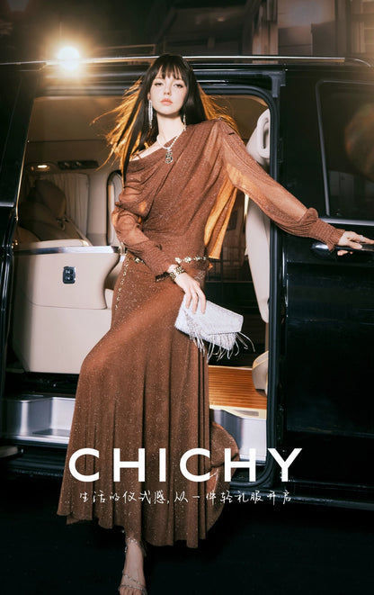 CHICHY design slanted shoulder mesh shirt long skirt three-piece-LIEN