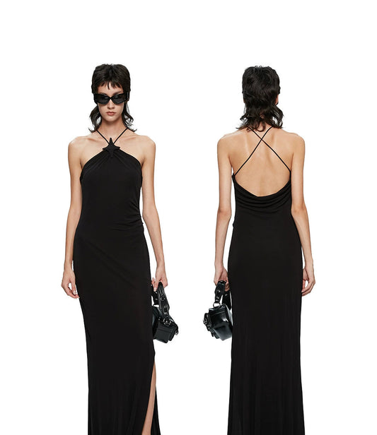 ANNAKIKI suspender fishtail slit dress halterneck dress-REI