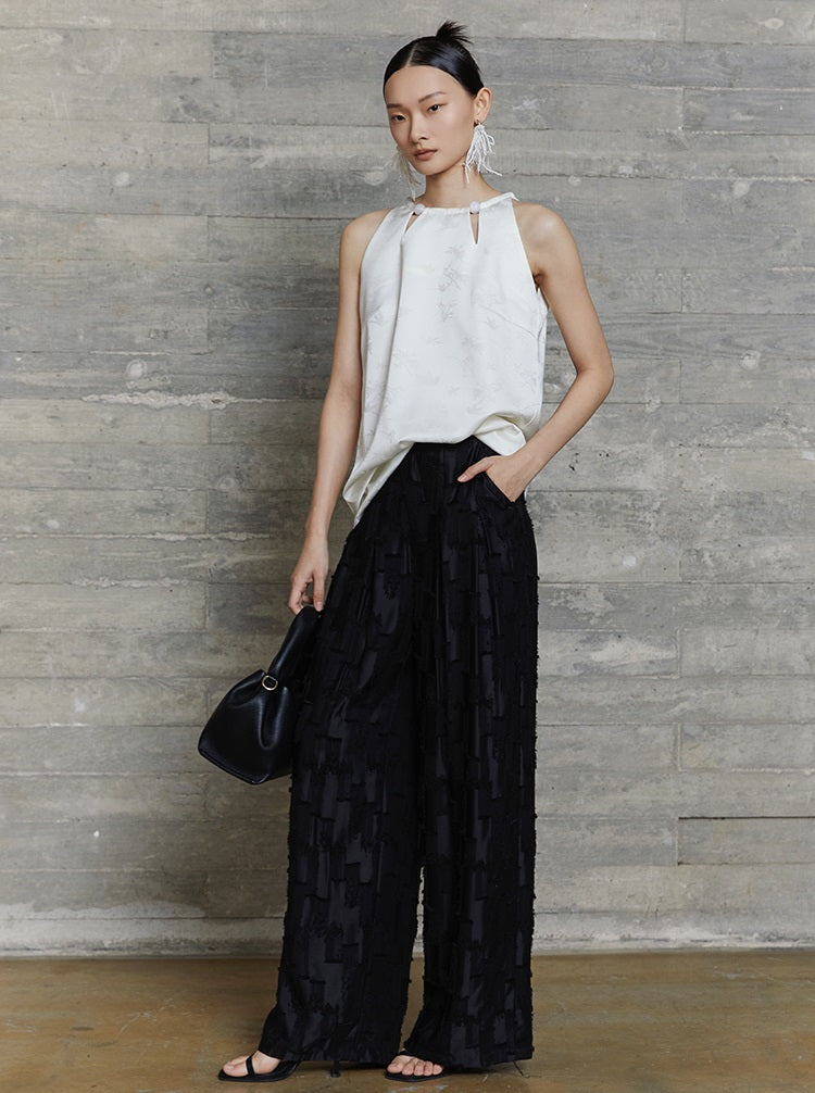 HECO jacquard loose thin wide-leg high waisted black pink apricot PANTS women - PURPOSE.