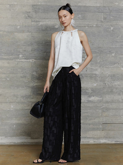 HECO jacquard loose thin wide-leg high waisted black pink apricot PANTS women - PURPOSE.