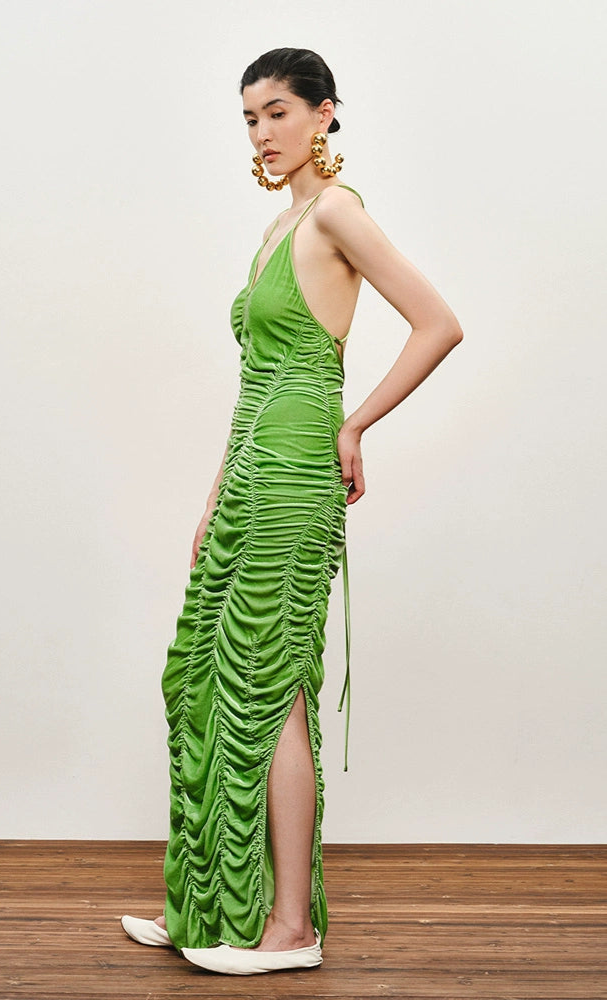 ZHUCHONGYUN Green ruched halter low-cut back silk satin dress-IRUMI.