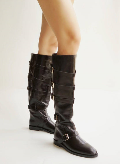 B-FEI belt buckle high-top leather women's fashion boots.