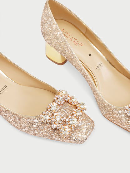 Pjjuu bridesmaid  wedding hexiu square toe block high Heels - LION