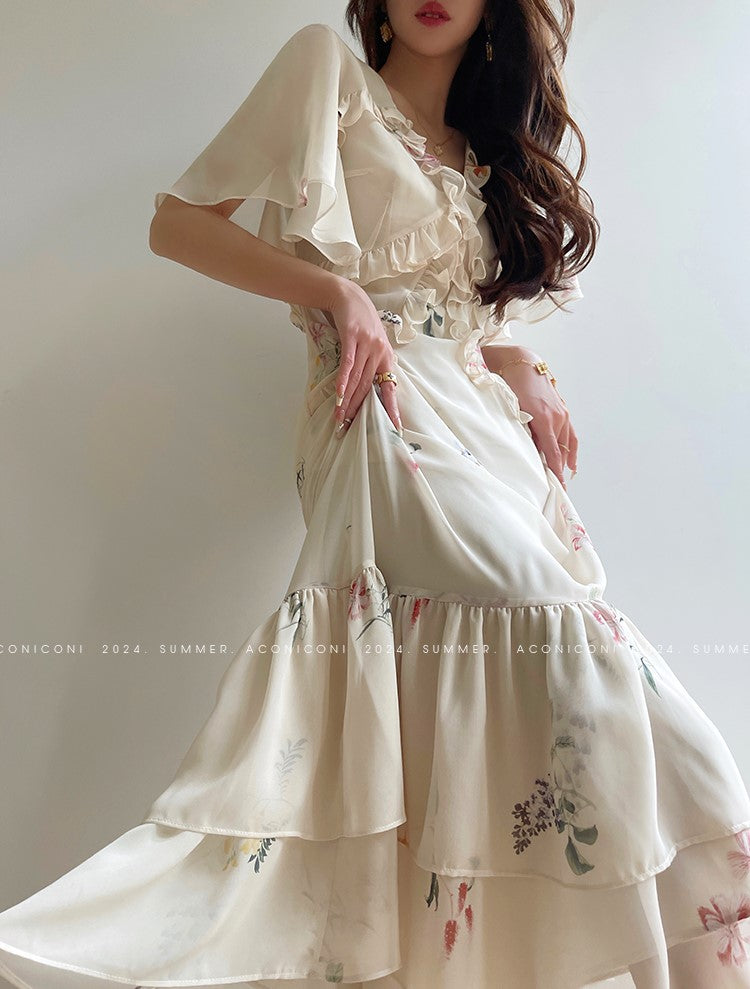 Aconiconi Luxury French Floral Print Slim Fit Hip Hug Dinner Dress- Primrose Whisper