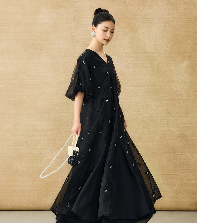 HECO  New Chinese Embroidered V-Neck Puff Sleeve Dress - CORAINE.