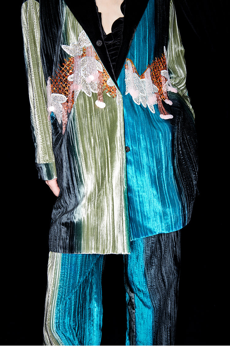 M essential Mackay designer hand-painted velvet tassel-embellished jacket pant set- Sanui.