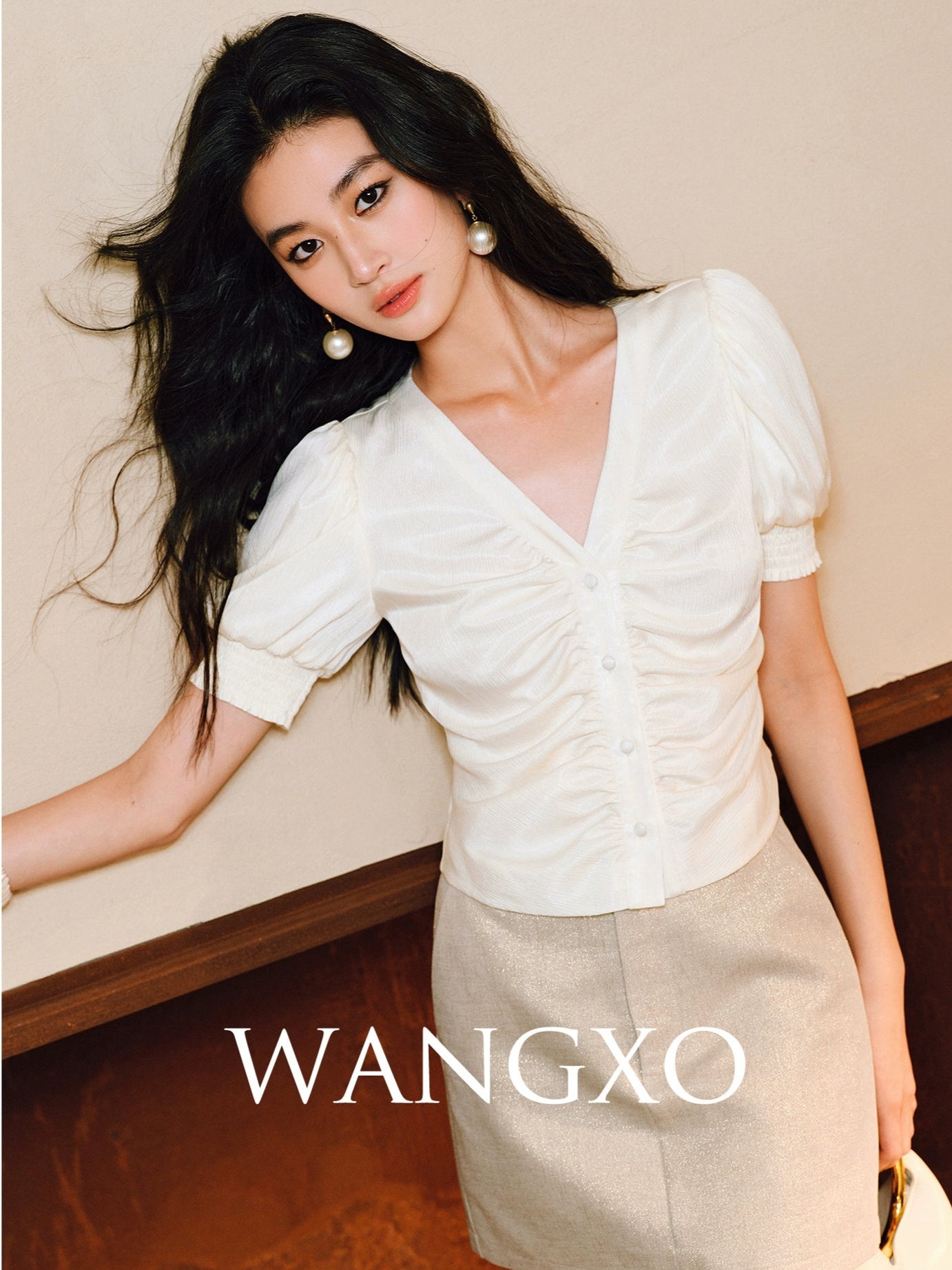 WANGXO Lumina Silk Satin Twill V-Neck Puff Sleeve Top - REYNA.