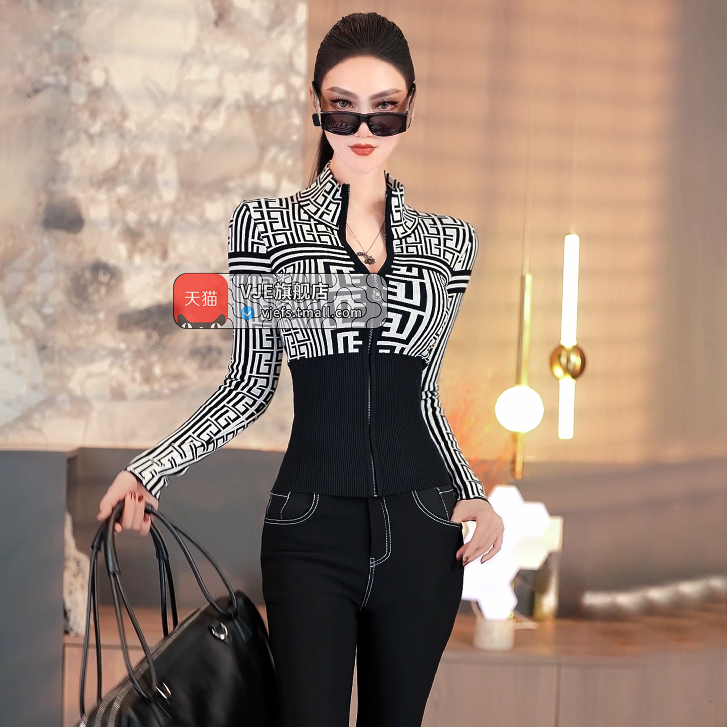 VJE Black and White Pattern Jacquard Turtleneck Top Sweater-LISDAY.