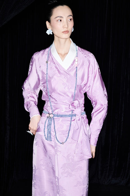 M essential Makay designer hibiscus jacquard layered placket wrap-around waist shirt - BETA.