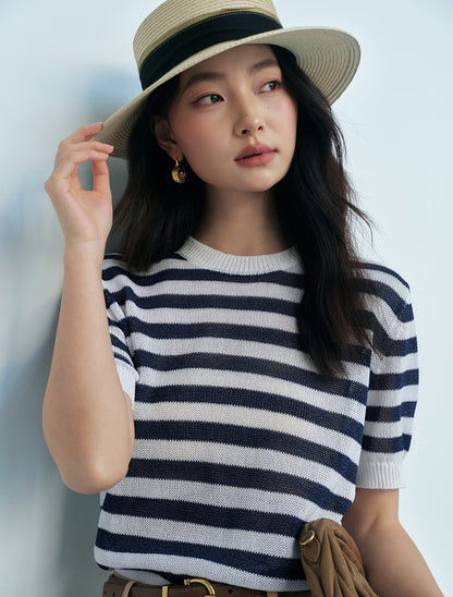 SUSHE light hollow texture striped short-sleeved knit sweater new stretch loose top -BESS