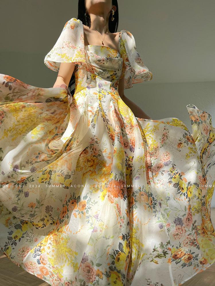 Aconiconi Elegant Flower Print Square Collar Short Sleeve midi Dress- Monet Summer Flowers S / Yellow Aconiconi Elegant Flower Print Square Collar Short Sleeve midi Dress- Monet Summer Flowers S / Yellow