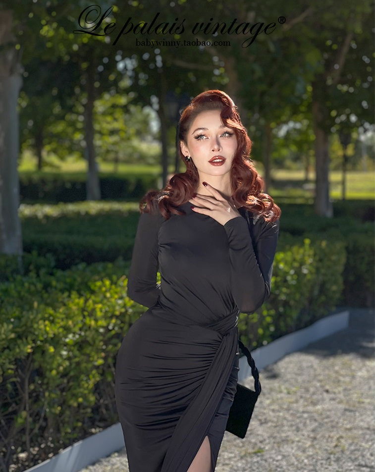 le palais  elegant black asymmetrical pleated high slit slim long dress-PEBBLE